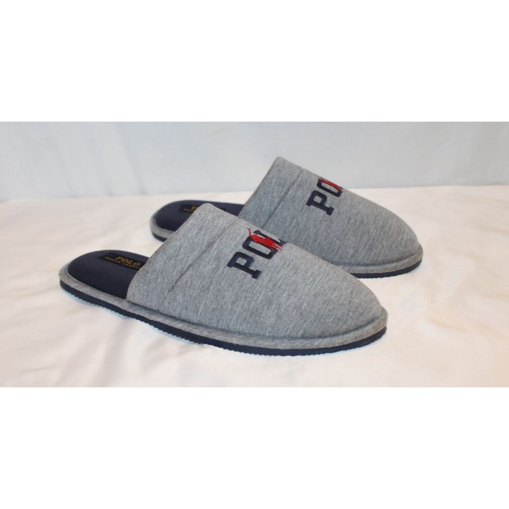 POLO RALPH LAUREN MEN'S SCUFF LOGO JERSEY SLIPPERS GRAY SZ 9